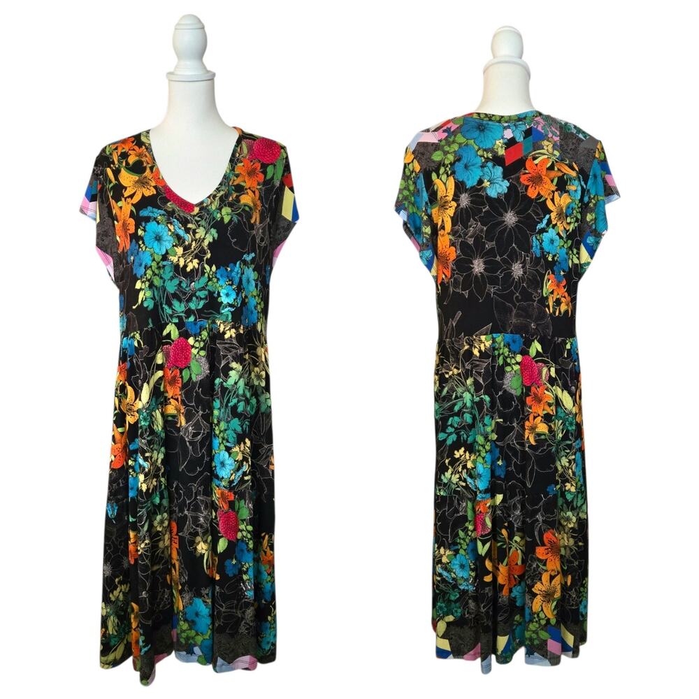 Johnny Was Floral Jersey Knit Colorful Nero Sequence Tiered Tea Length Dress - Picture 2 of 12